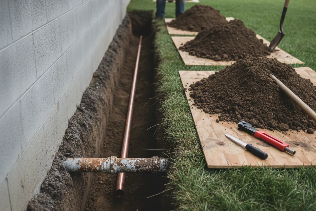 Excavated water line trench during Water Softener Installation in Elrosa